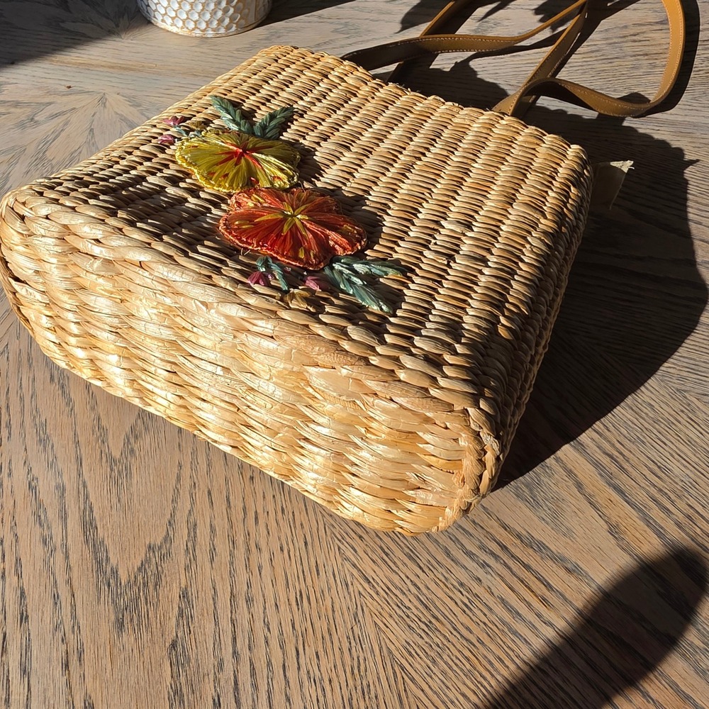 Cappelli Straworld Straw Tote Bag Womens Tan Boho Cottagecore Floral Embroidered - Picture 3 of 8